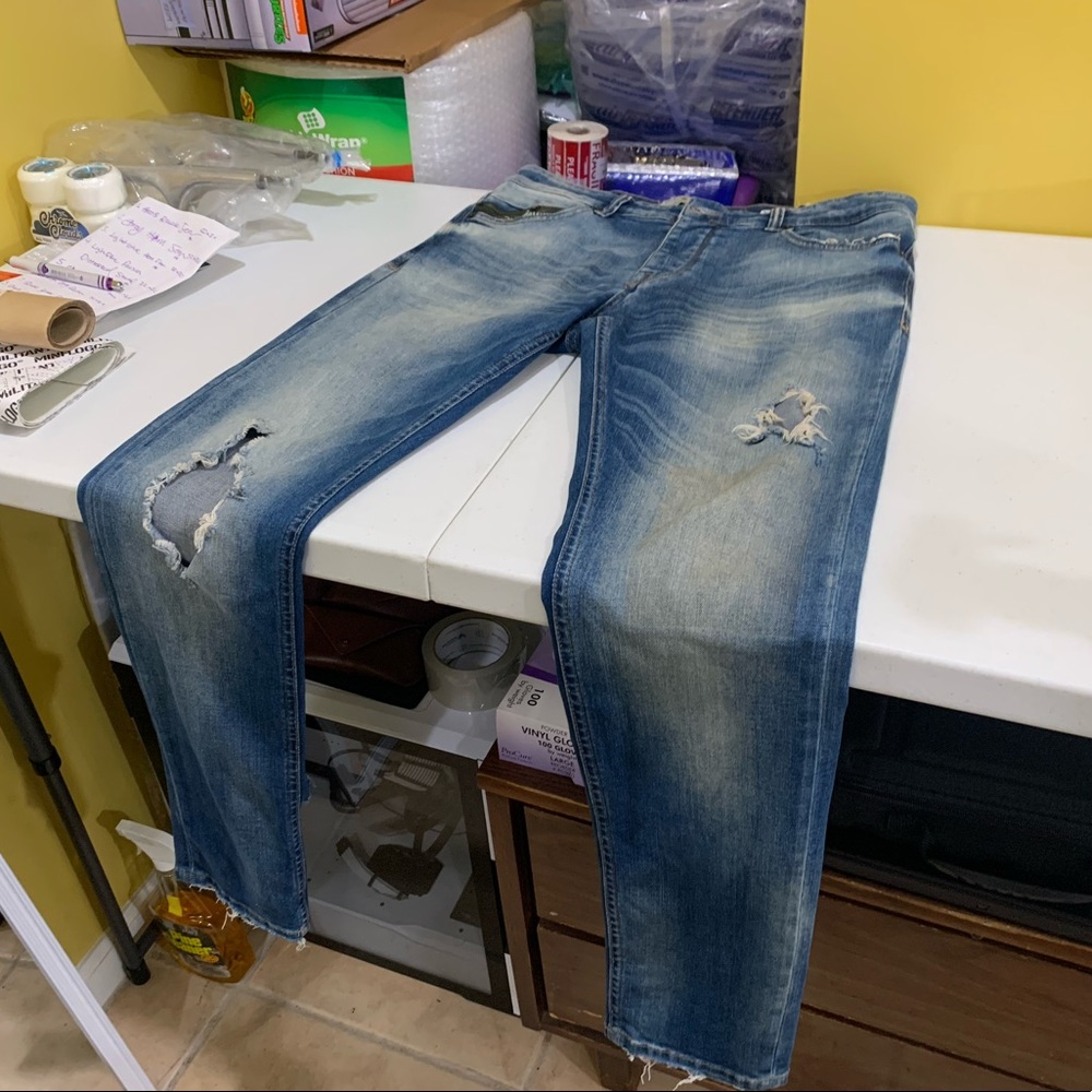 Zara Custom Distressed Slim Skinny Jean 32 x 32 Mid Deep Blue Wash